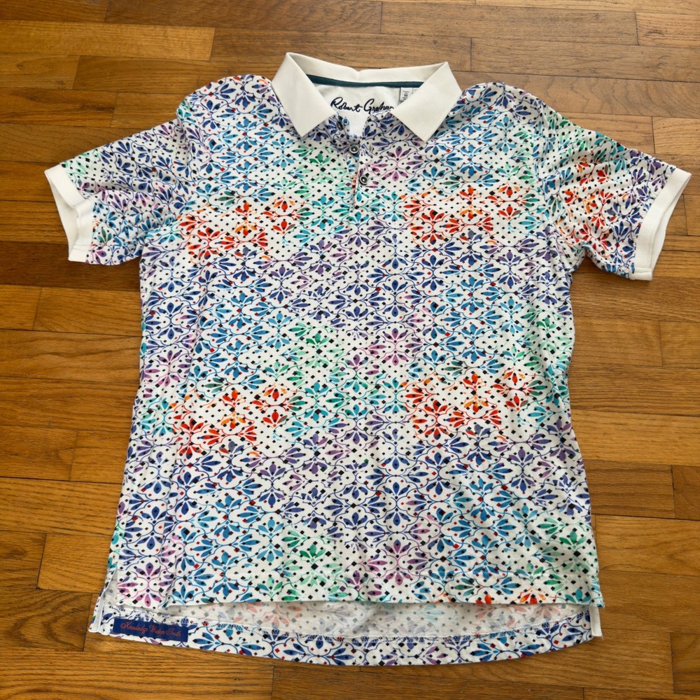 Robert Graham Polo Shirt Mens M Floral Colorful Geometric Golf Preppy Casual